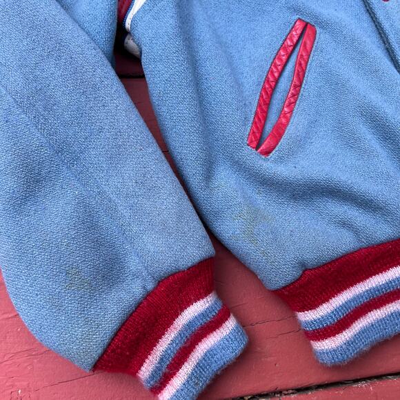 True Vintage Rams Brad Varsity Jacket School Letterman Blue Shoulder Stripe Wool - Picture 8 of 16